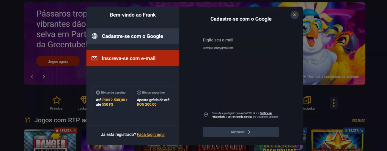 Página principal do Frank Casino com banners e bónus